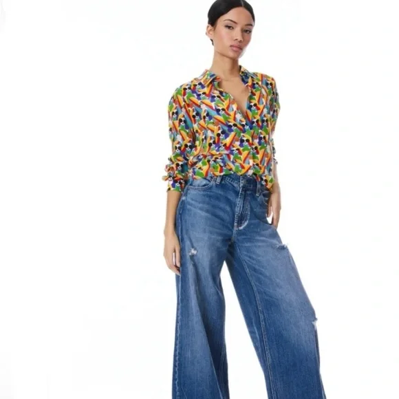 Alice & Olivia WILLA PLACKET TOP Button Down Silk Shirt Mod Stace - MEDIUM - Picture 4 of 12